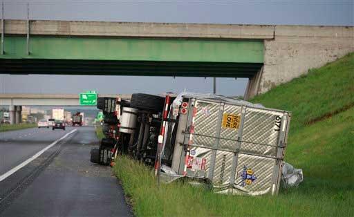 Semi-Truck pushed over by the strong winds.